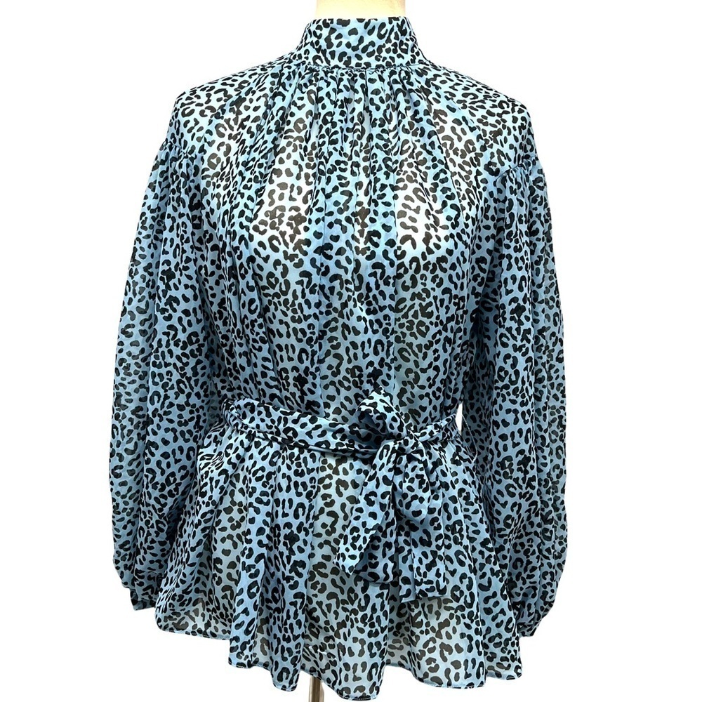 ASOS Blue Animal Print Belted Puff Sleeve Sheer Blouse Women’s 8